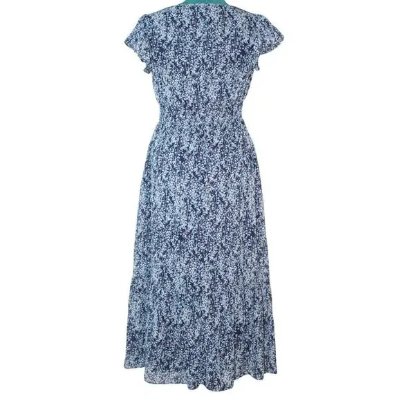 NWT Nicole Miller New York Blue Floral Midi Dress Smocked Waist Size Small - Picture 2 of 3